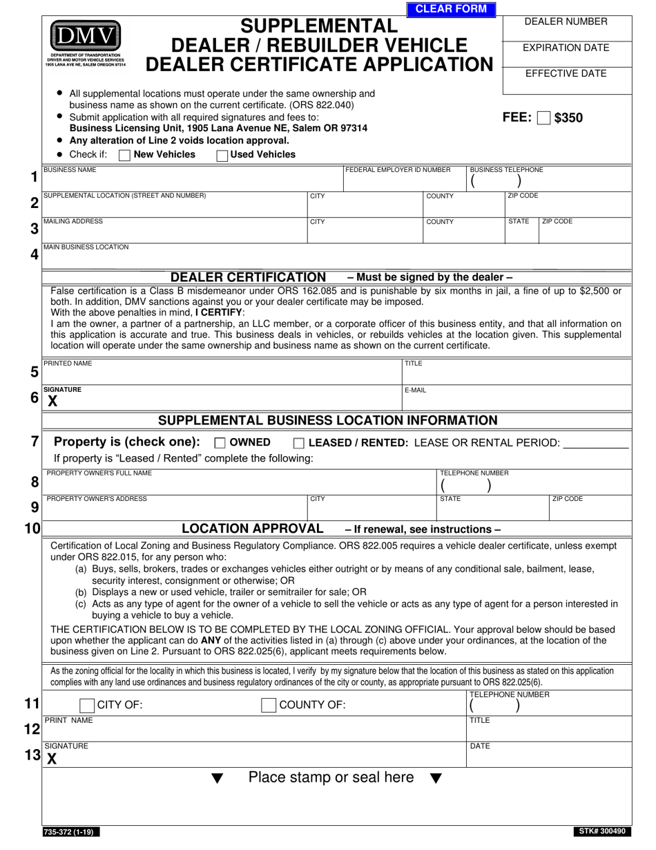 Form 735-372 Supplemental Dealer / Rebuilder Vehicle Dealer Certificate Application - Oregon, Page 1