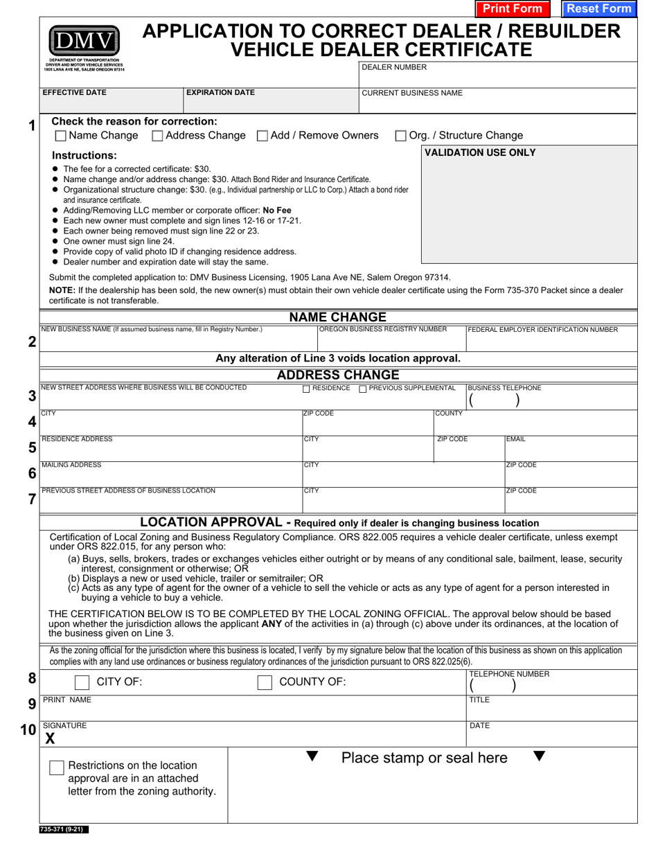 Form 735-371 Application to Correct Dealer / Rebuilder Vehicle Dealer Certificate - Oregon, Page 1