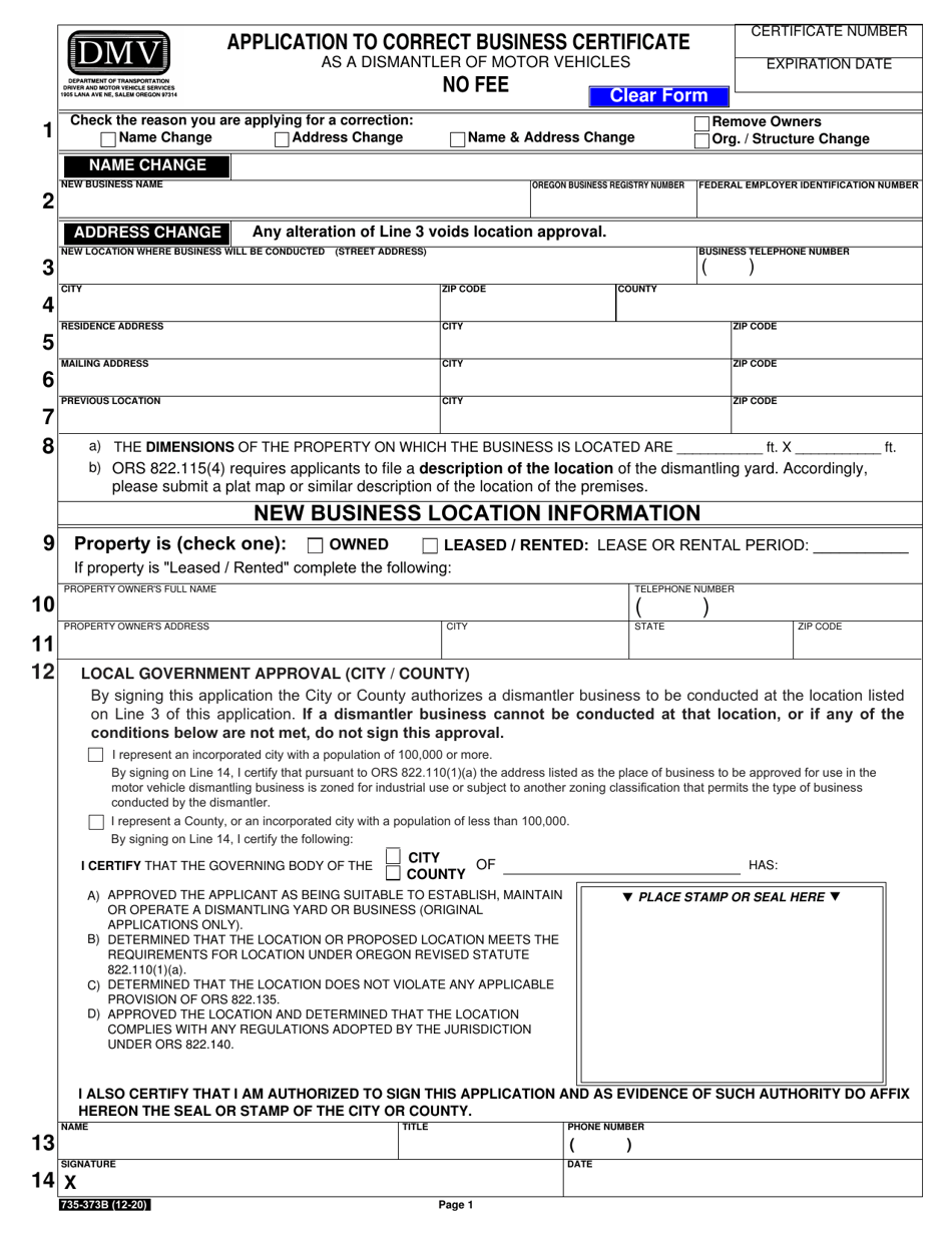 Form 735-373B Application to Correct Business Certificate as a Dismantler of Motor Vehicles - Oregon, Page 1