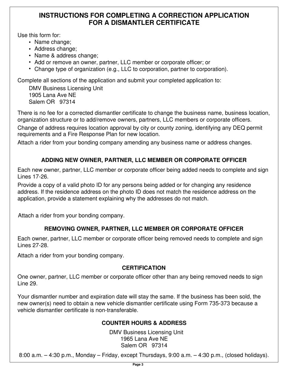 Form 735-373B Application to Correct Business Certificate as a Dismantler of Motor Vehicles - Oregon, Page 3