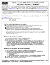 Document preview: Form 735-6504 Request for Investigation - Vehicle Dealer, Dismantler, Unlicensed Activity - Oregon