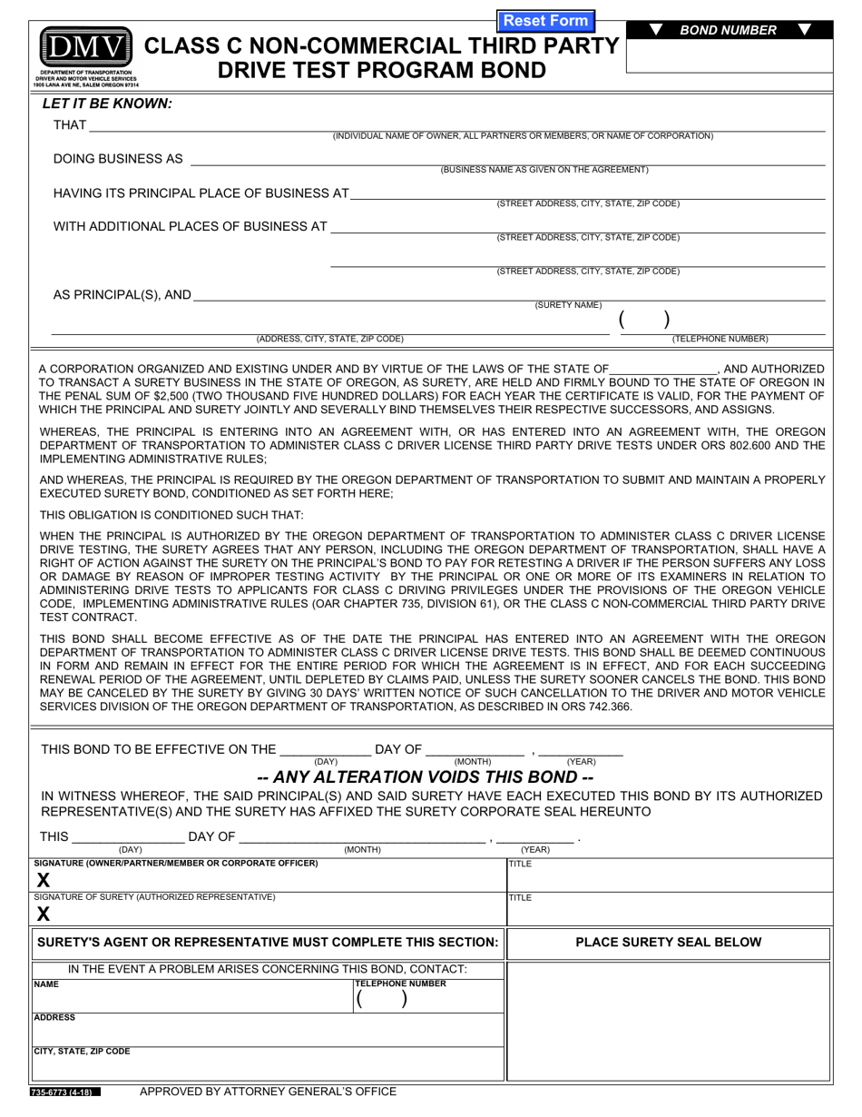 Form 735-6773 Class C Non-commercial Third Party Drive Test Program Bond - Oregon, Page 1