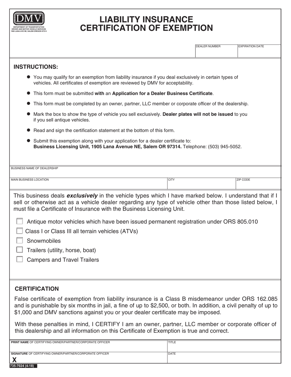 Form 735-7024 Liability Insurance Certification of Exemption - Oregon, Page 1