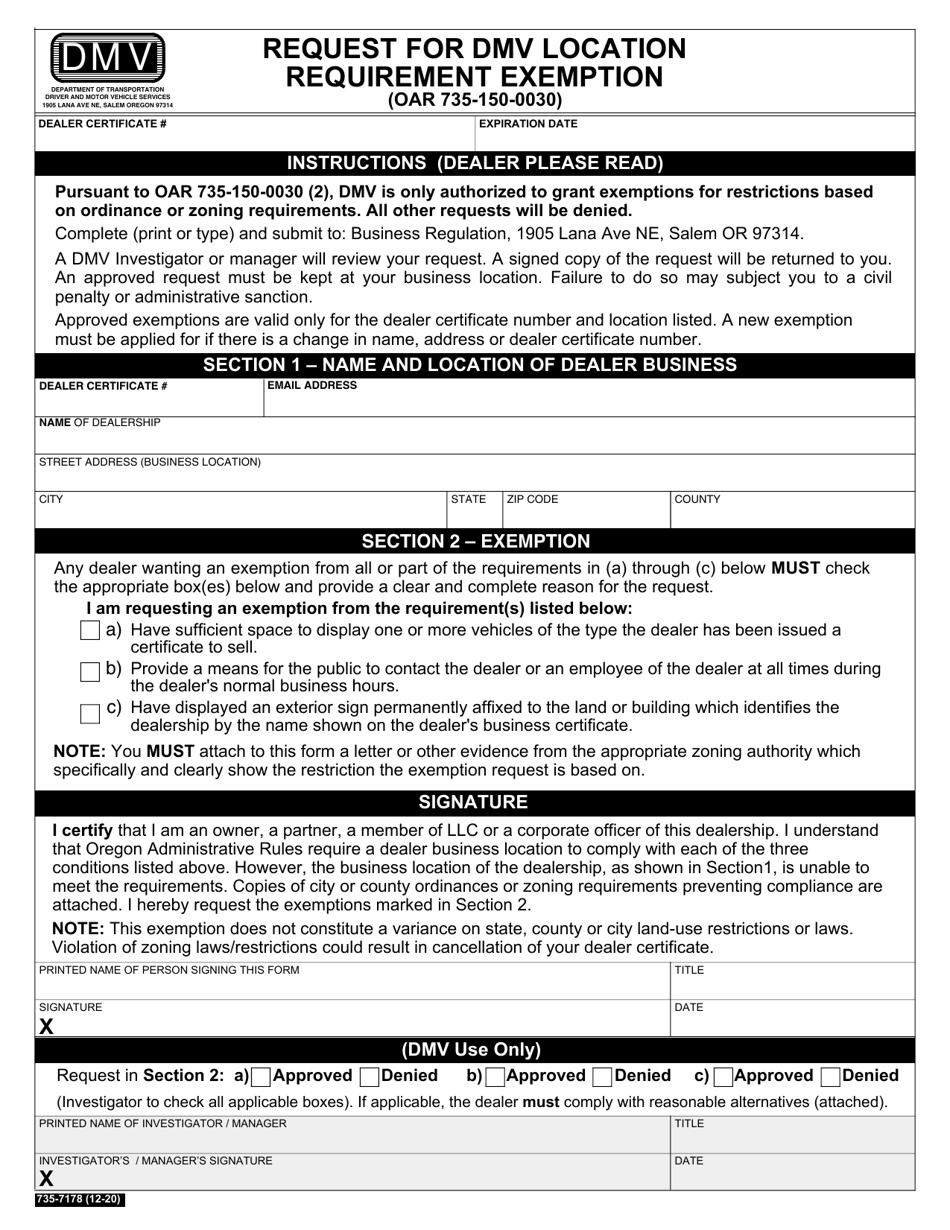 Form 735-7178 Request for DMV Location Requirement Exemption - Oregon, Page 1