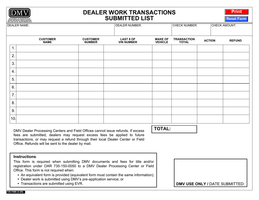 Form 735-7490 Dealer Work Transactions Submitted List - Oregon