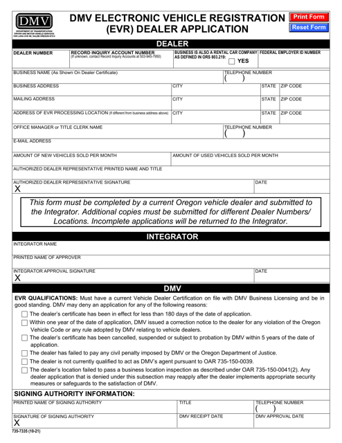 Form 735-7335 DMV Electronic Vehicle Registration (Evr) Dealer Application - Oregon