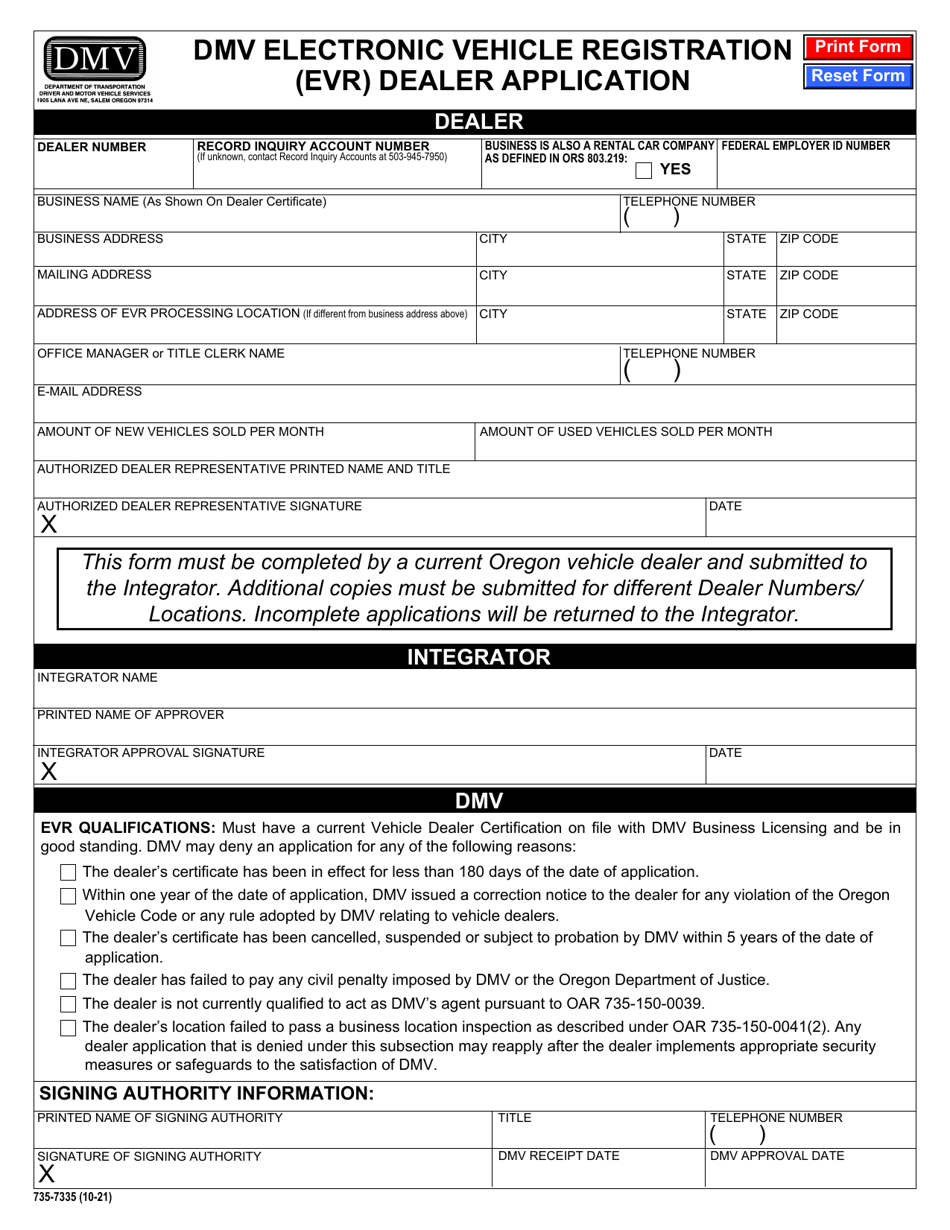 Form 735-7335 DMV Electronic Vehicle Registration (Evr) Dealer Application - Oregon, Page 1