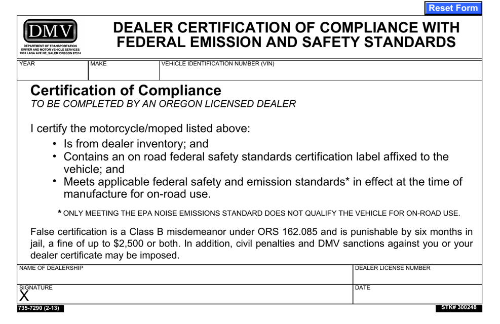 Form 735-7290 Dealer Certification of Compliance With Federal Emission and Safety Standards - Oregon