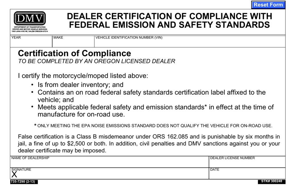 Form 735-7290 Dealer Certification of Compliance With Federal Emission and Safety Standards - Oregon, Page 1