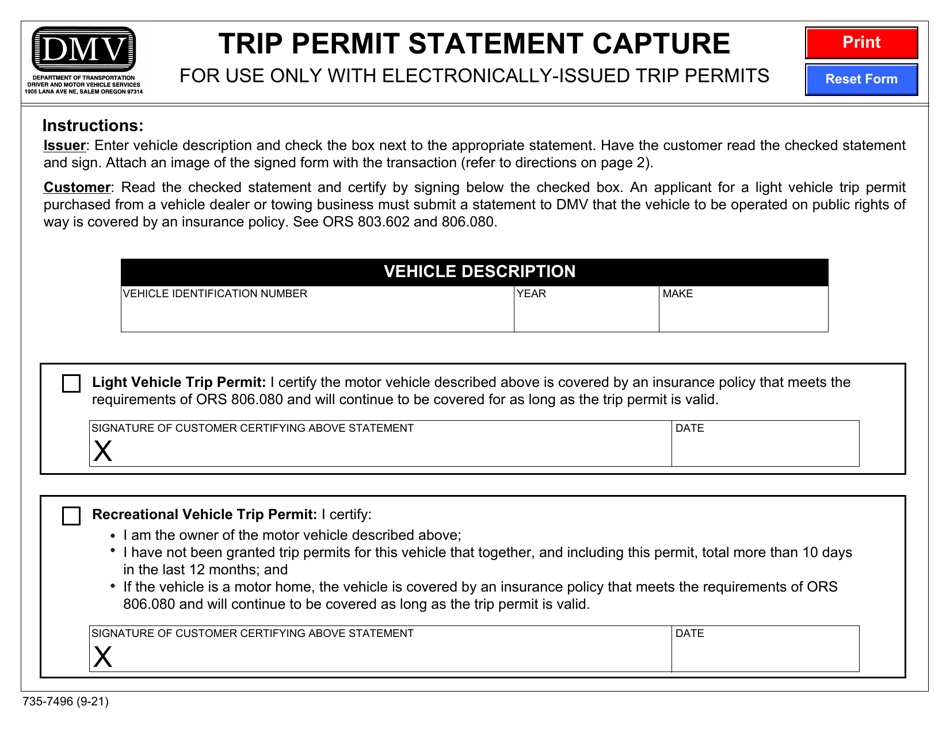 Form 735-7496 Trip Permit Statement Capture - Oregon, Page 1