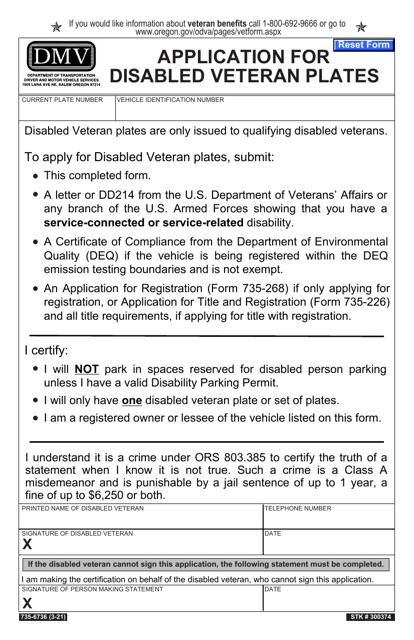 Form 735-6736 Application for Disabled Veteran Plates - Oregon