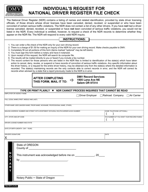 Form 735-7071 Individual's Request for National Driver Register File Check - Oregon