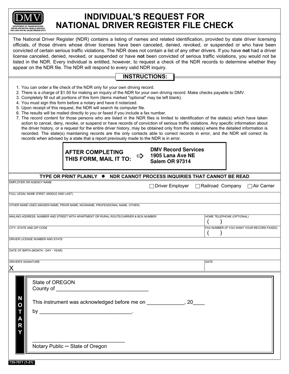 Form 735-7071 Individuals Request for National Driver Register File Check - Oregon, Page 1
