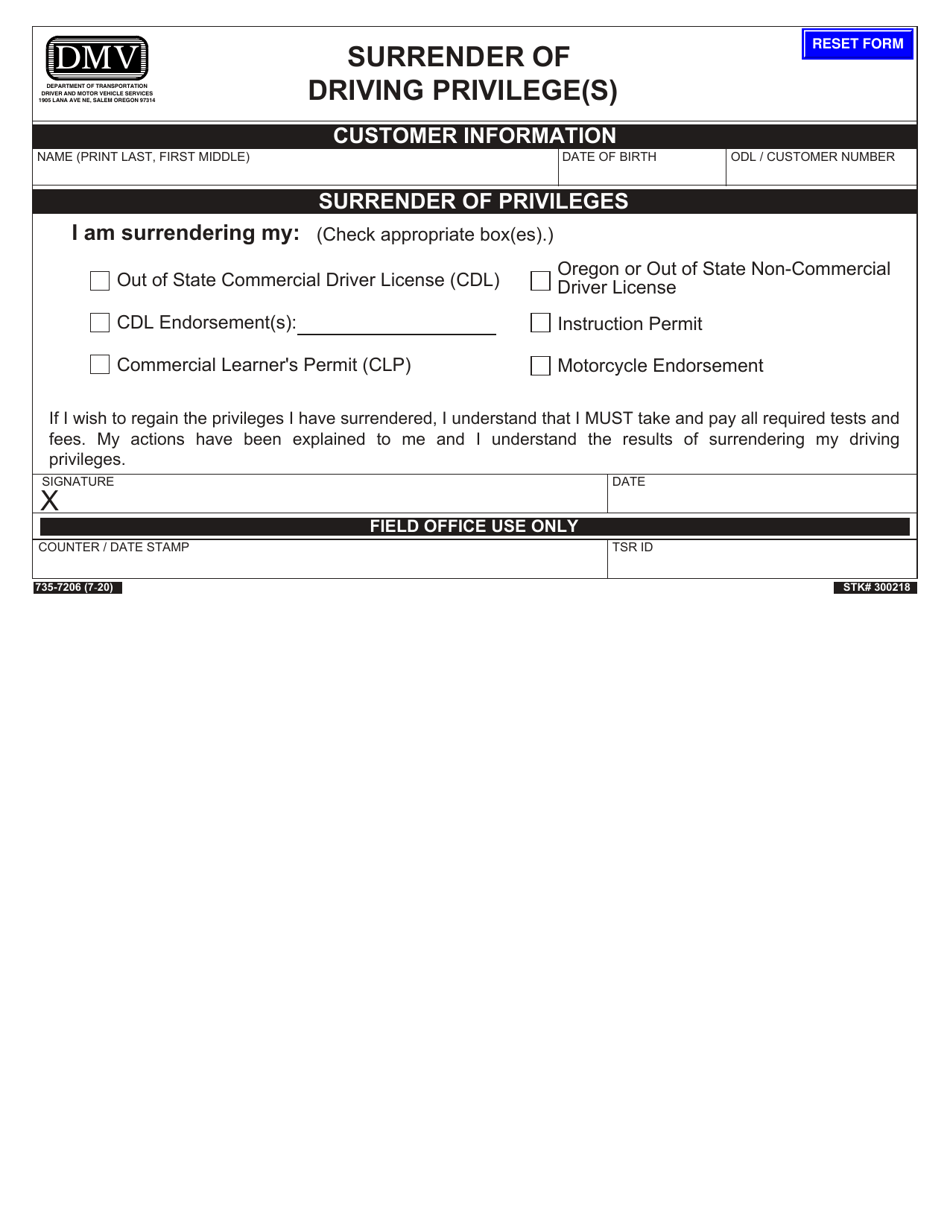 Form 735-7206 Surrender of Driving Privilege(S) - Oregon, Page 1