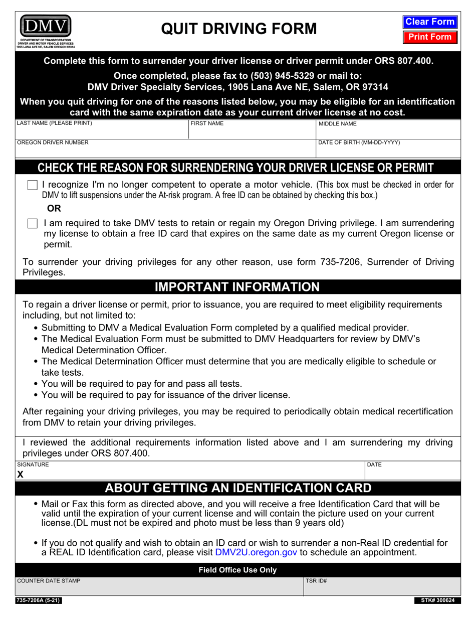 Form 735-7206A Quit Driving Form - Oregon, Page 1