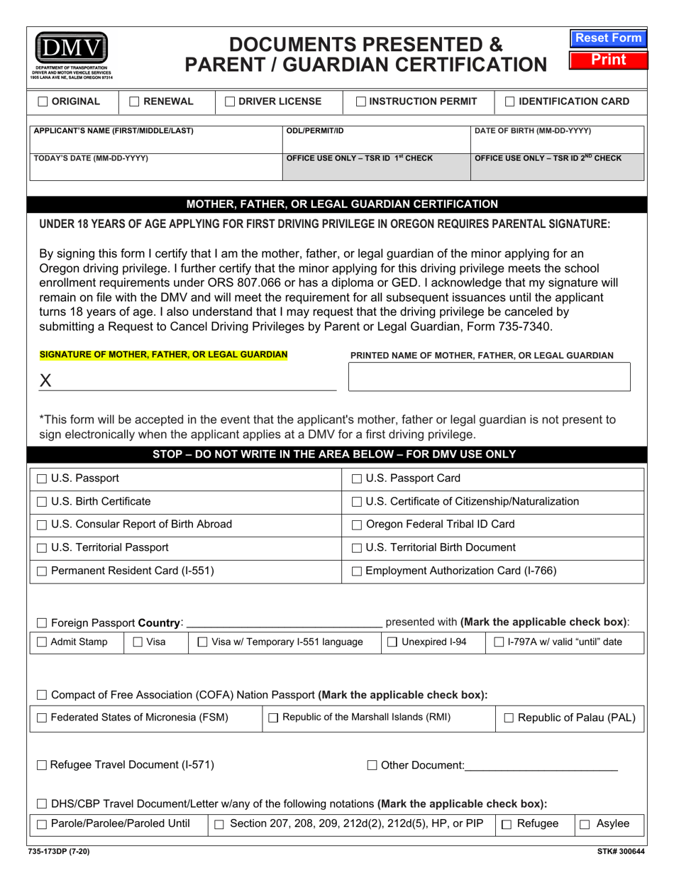 Form 735-173DP Documents Presented  Parent / Guardian Certification - Oregon, Page 1