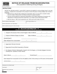 Document preview: Form 735-7372 Notice of Release From Incarceration (For Purposes of Obtaining Driving Privileges) - Oregon