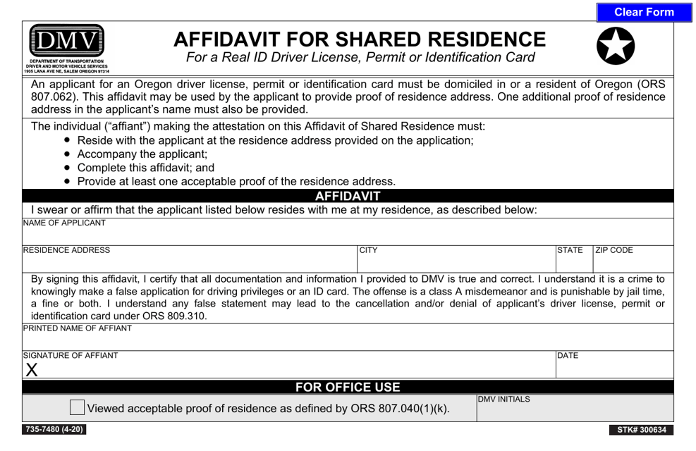Form 735-7480 Affidavit for Shared Residence for a Real Id Driver License, Permit or Identification Card - Oregon