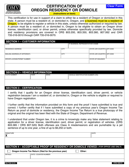 Form 735-7182 Certification of Oregon Residency or Domicile - Oregon