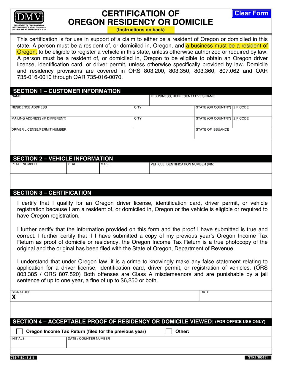 Form 735-7182 Certification of Oregon Residency or Domicile - Oregon, Page 1