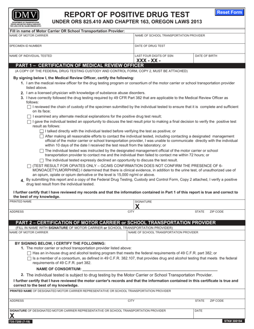 Form 735-7200 Report of Positive Drug Test - Oregon
