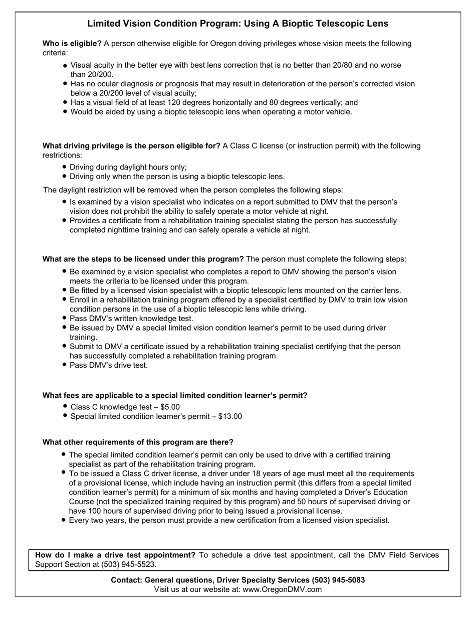 Form 735-24A Report of Limited Vision Examination for Limited Vision Drivers With Bioptic Telescopic Lens - Oregon, Page 2
