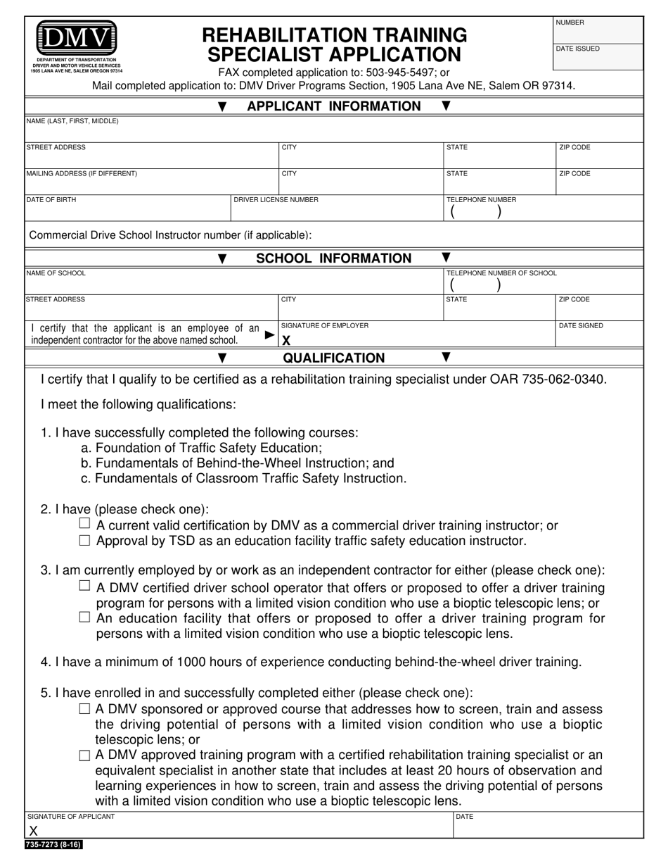 Form 735-7273 Rehabilitation Training Specialist Application - Oregon, Page 1