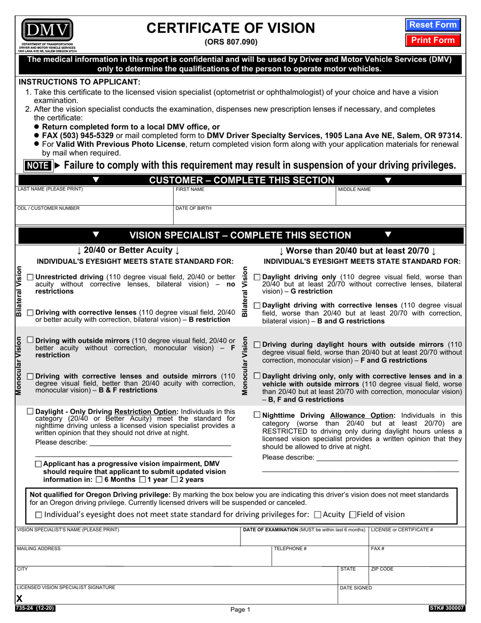 Form 735-24 Certificate of Vision - Oregon, Page 1