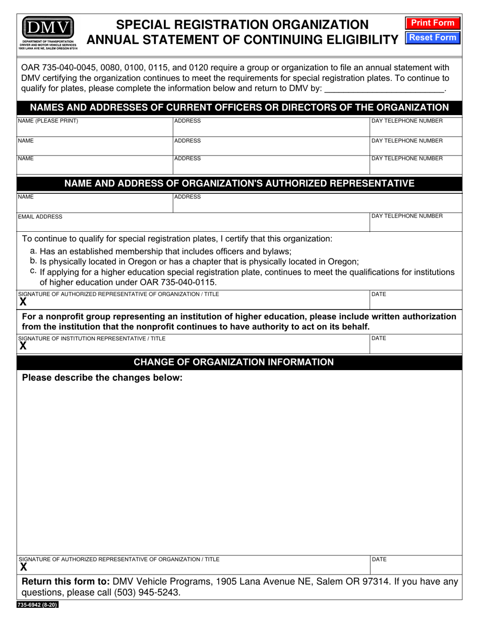 Form 735-6942 Special Registration Organization Annual Statement of Continuing Eligibility - Oregon, Page 1