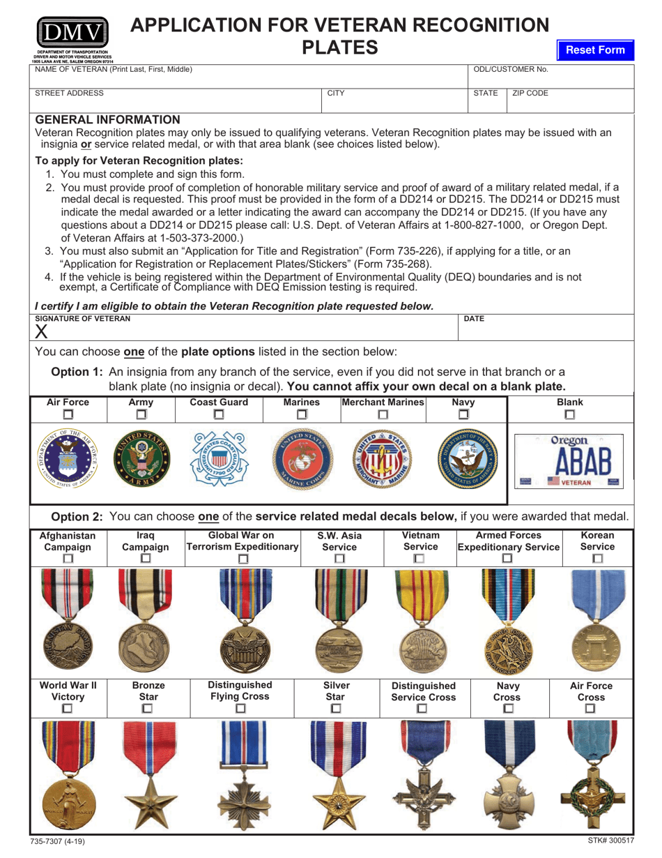 Form 735-7307 Application for Veteran Recognition Plates - Oregon, Page 1