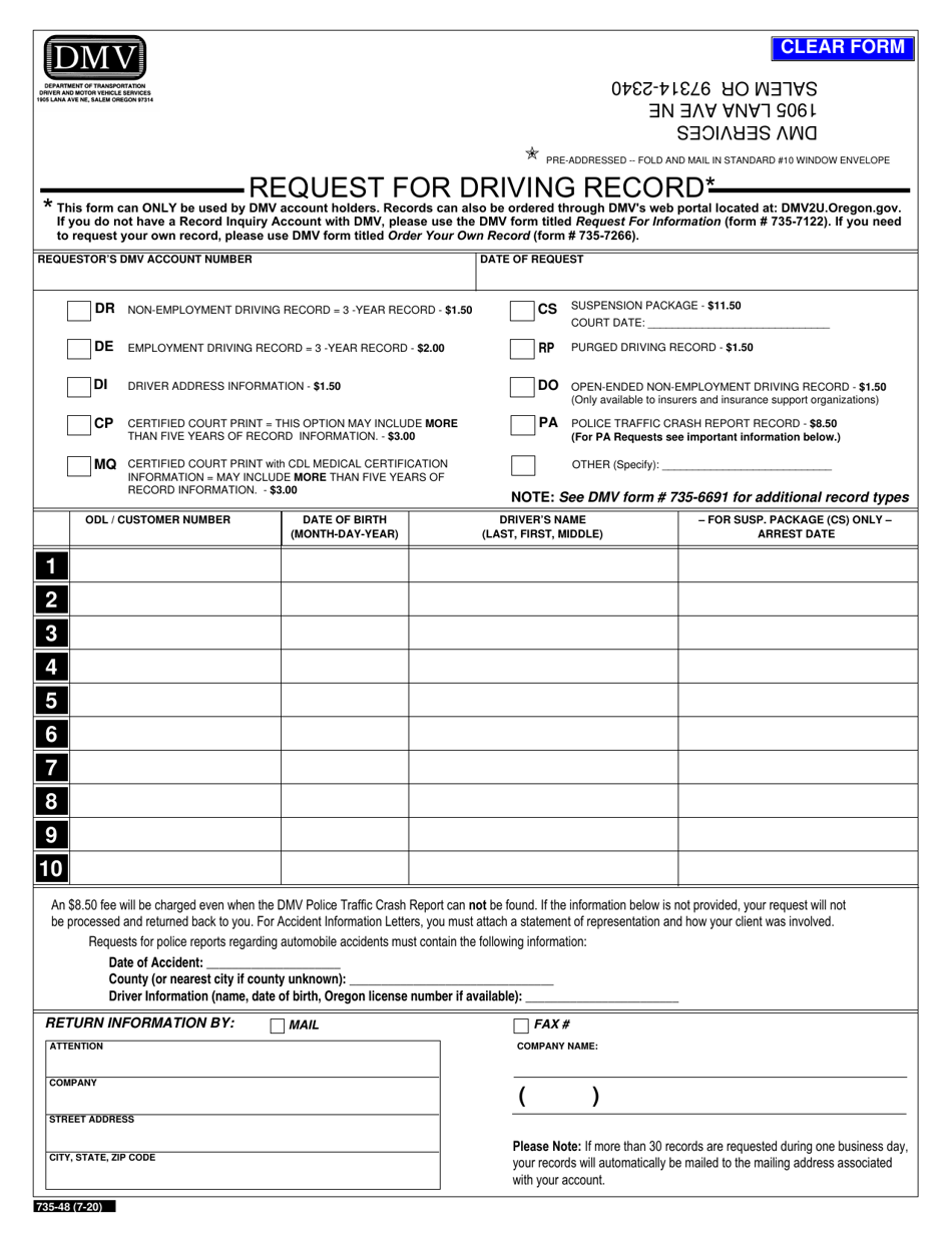 Form 735-48 Request for Driving Record - Oregon, Page 1