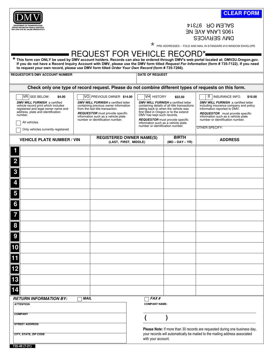 Form 735-49 Request for Vehicle Record - Oregon, Page 1