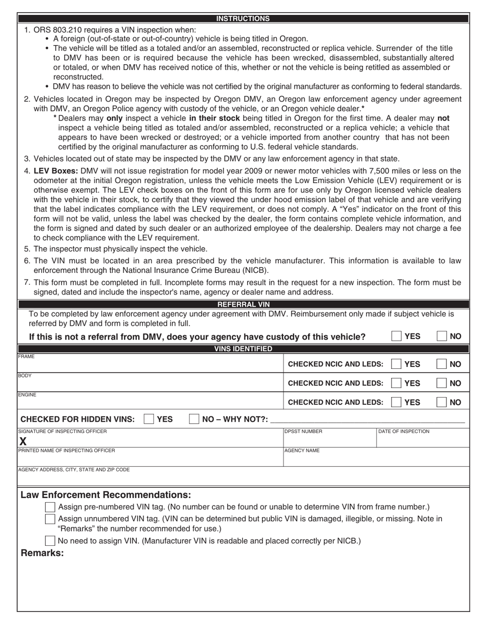 Form 735-11 Vehicle Identification Number (Vin) Inspection Form - Oregon, Page 2