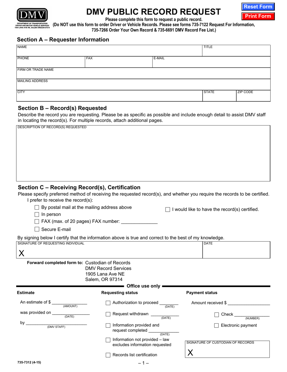 Form 735-7312 DMV Public Record Request - Oregon, Page 1