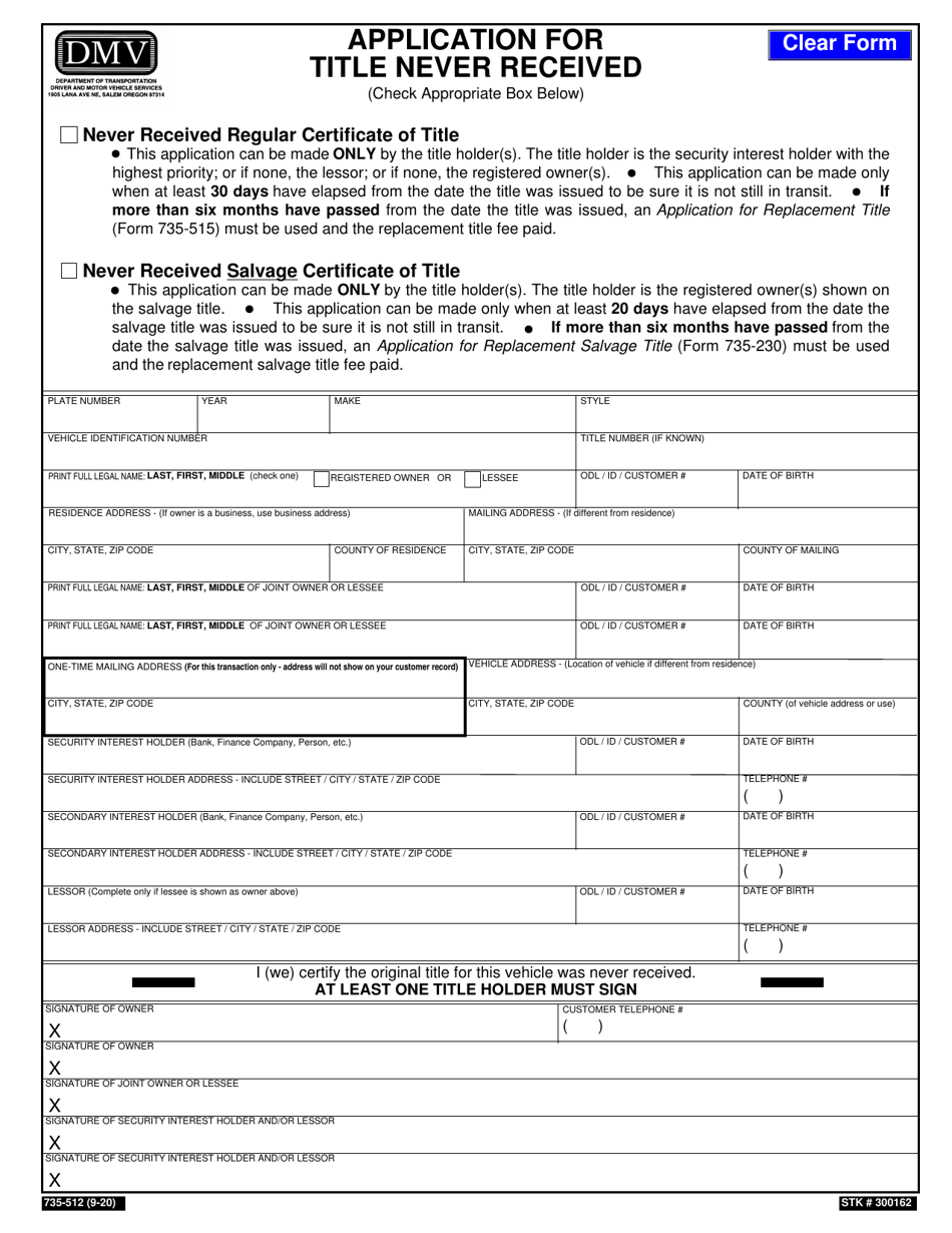Form 735-512 Application for Title Never Received - Oregon, Page 1