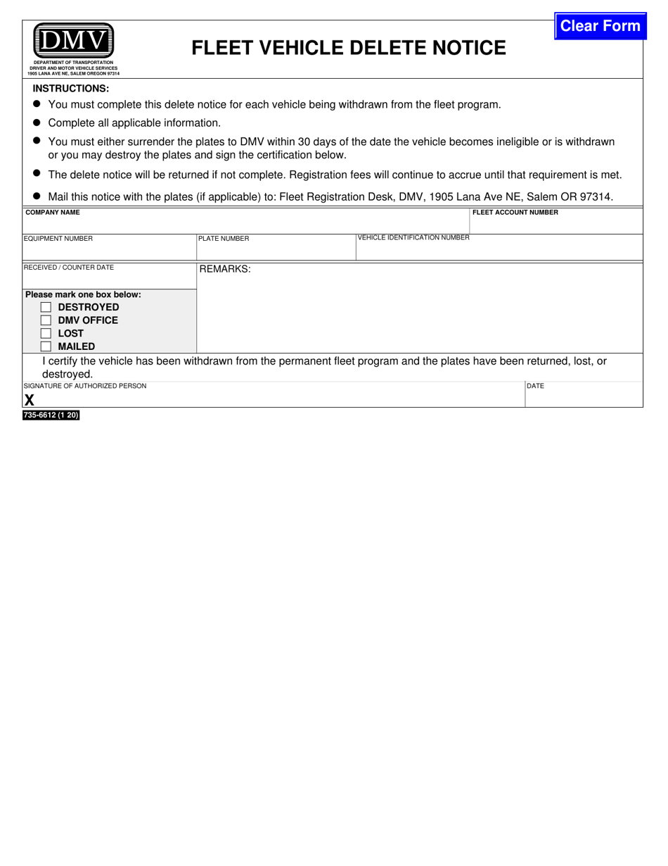 Form 735-6612 Fleet Vehicle Delete Notice - Oregon, Page 1