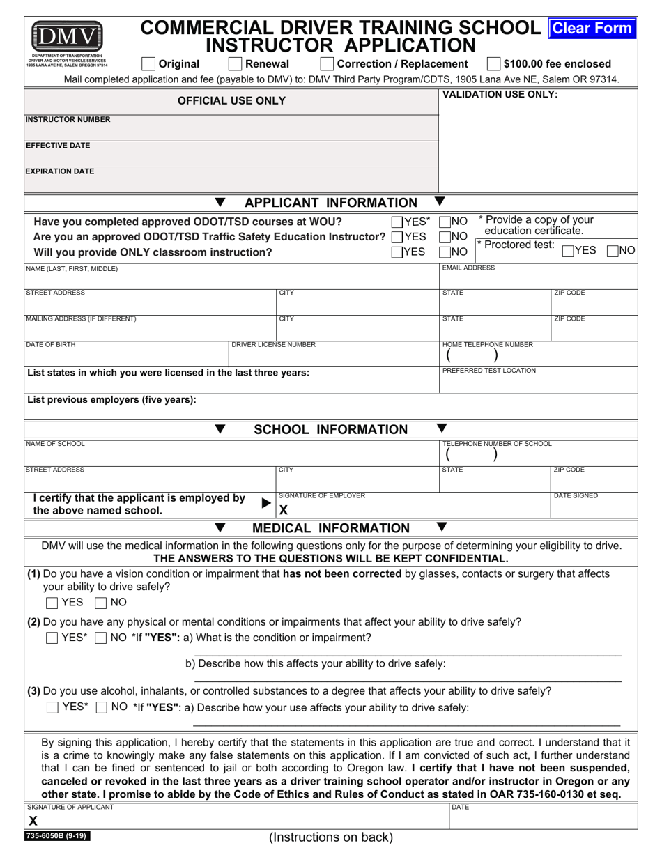 Form 735-6050B Commercial Driver Training School Instructor Application' - Oregon, Page 1