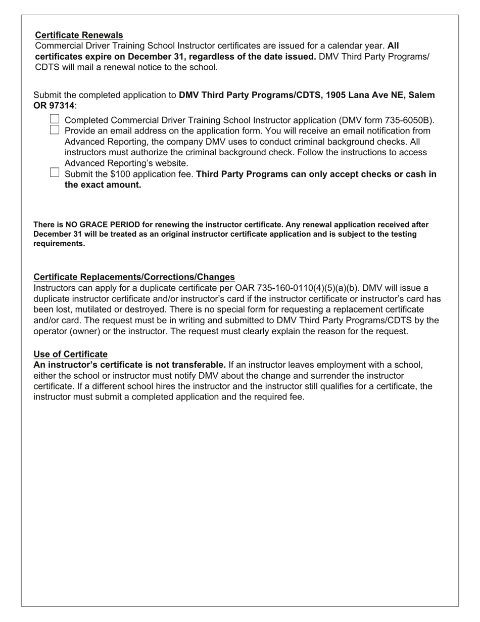 Form 735-6050B Commercial Driver Training School Instructor Application - Oregon, Page 3