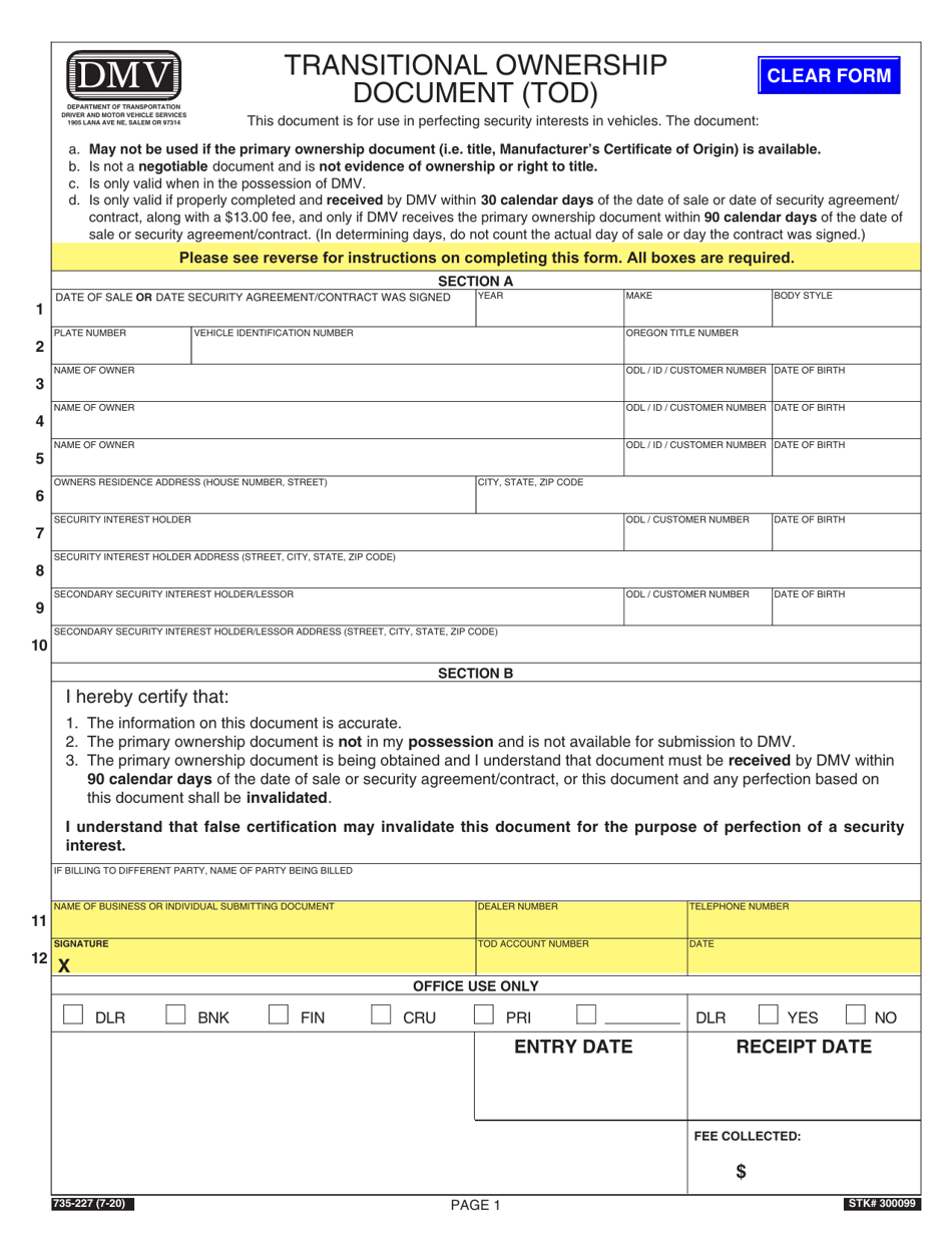 Form 735-227 Transitional Ownership Document (Tod) - Oregon, Page 1