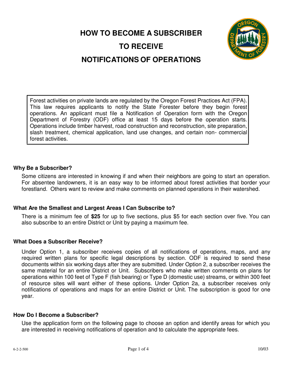 Subscriber Application - Oregon, Page 1