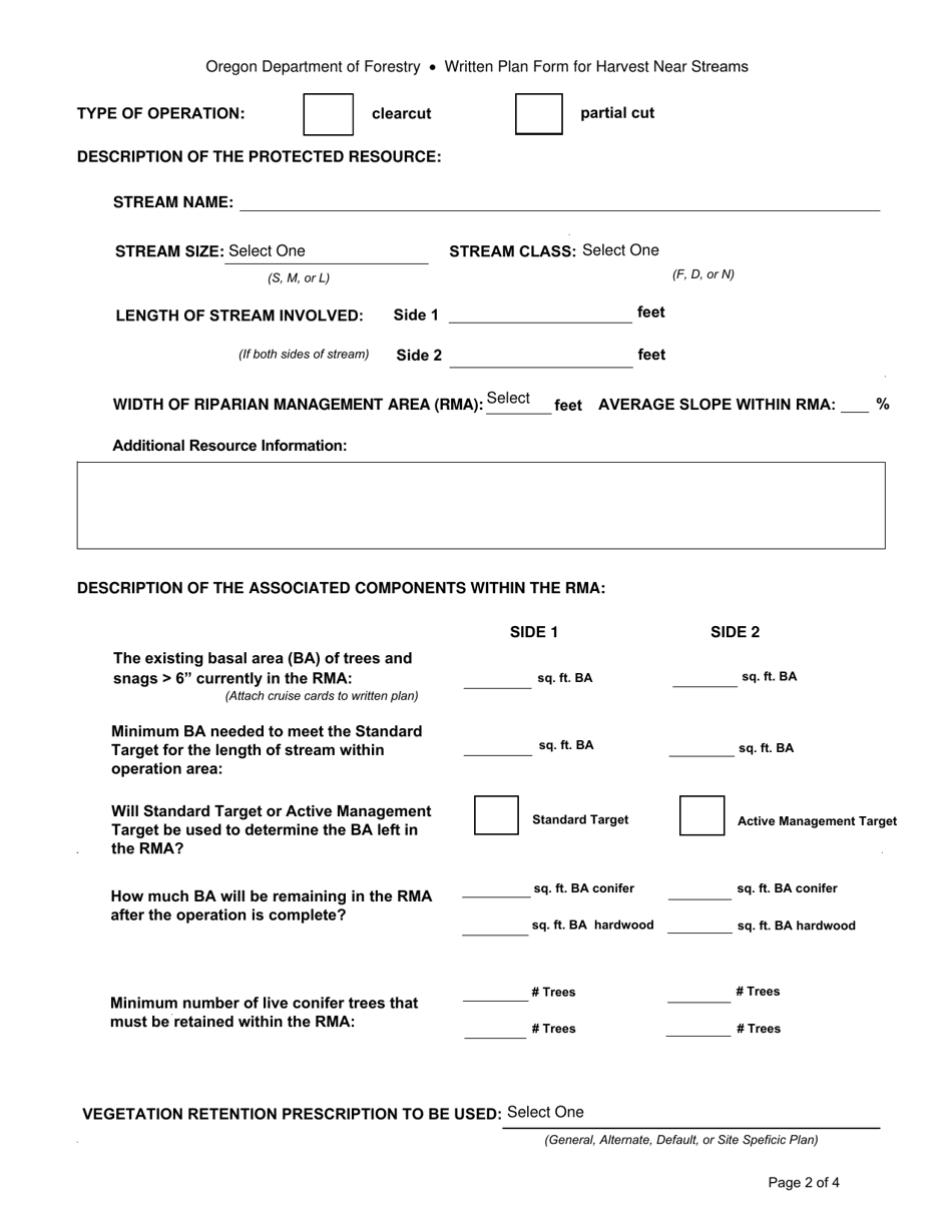 Written Plan Form for Harvesting Operations Near Type F, D, or N Streams - Oregon, Page 2