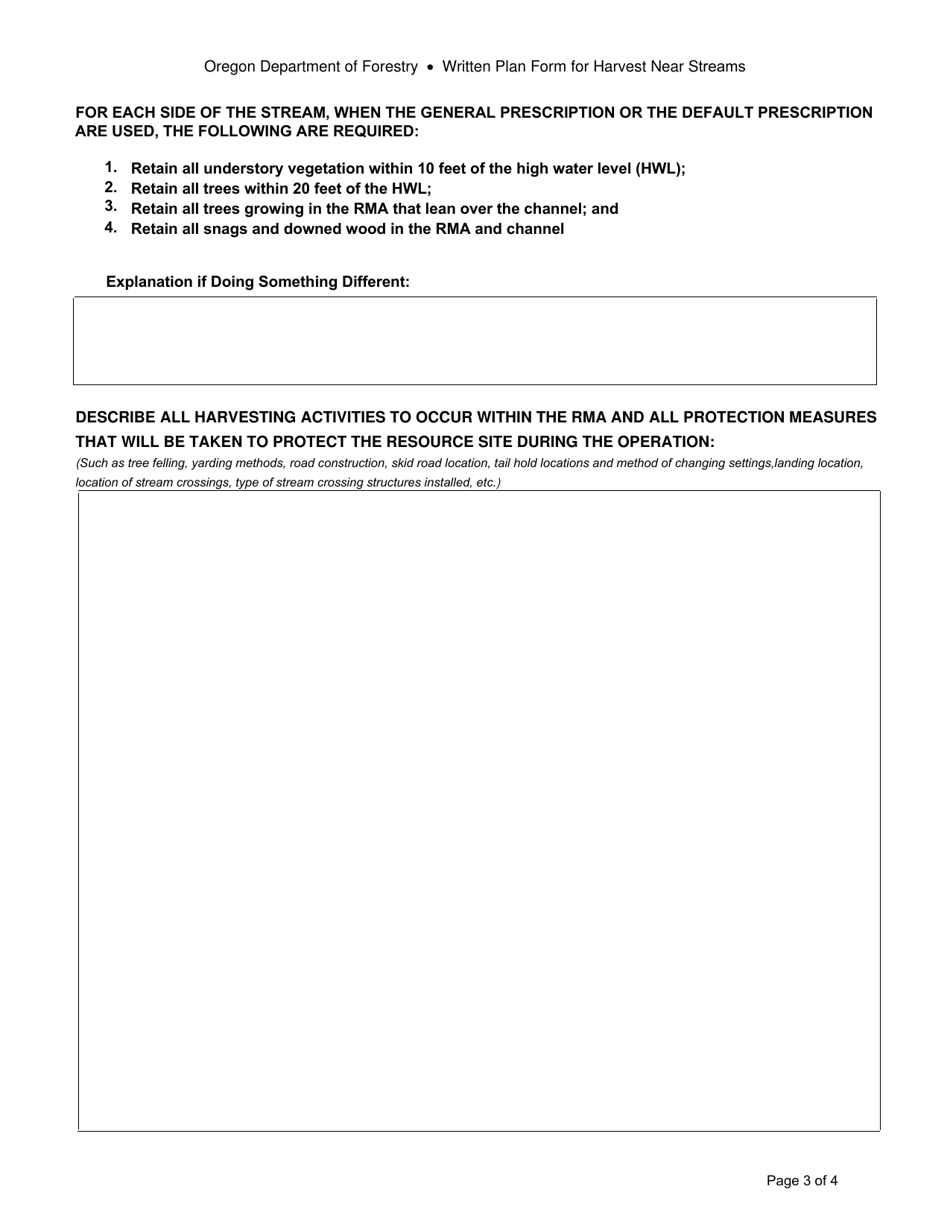 Written Plan Form for Harvesting Operations Near Type F, D, or N Streams - Oregon, Page 3