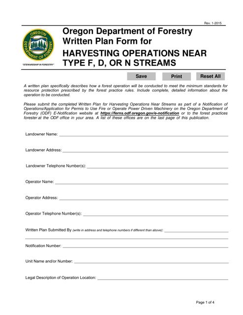 Written Plan Form for Harvesting Operations Near Type F, D, or N Streams - Oregon