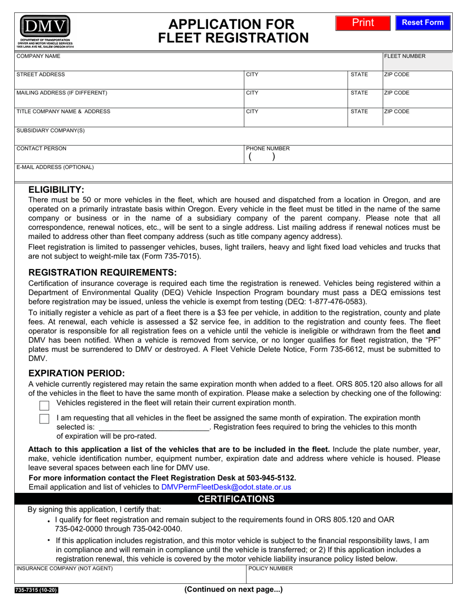 Form 735-7315 Application for Fleet Registration - Oregon, Page 1