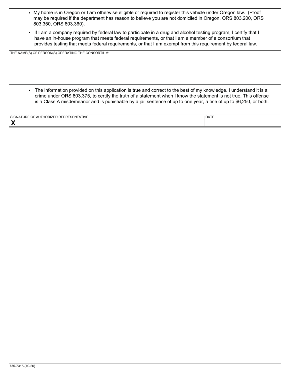 Form 735-7315 Application for Fleet Registration - Oregon, Page 2