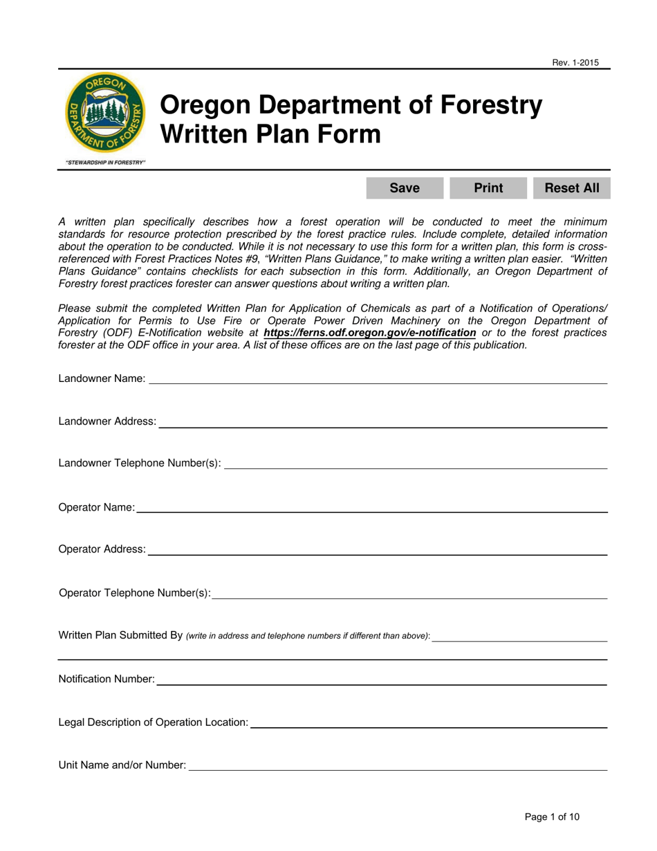 Written Plan Form - Oregon, Page 1
