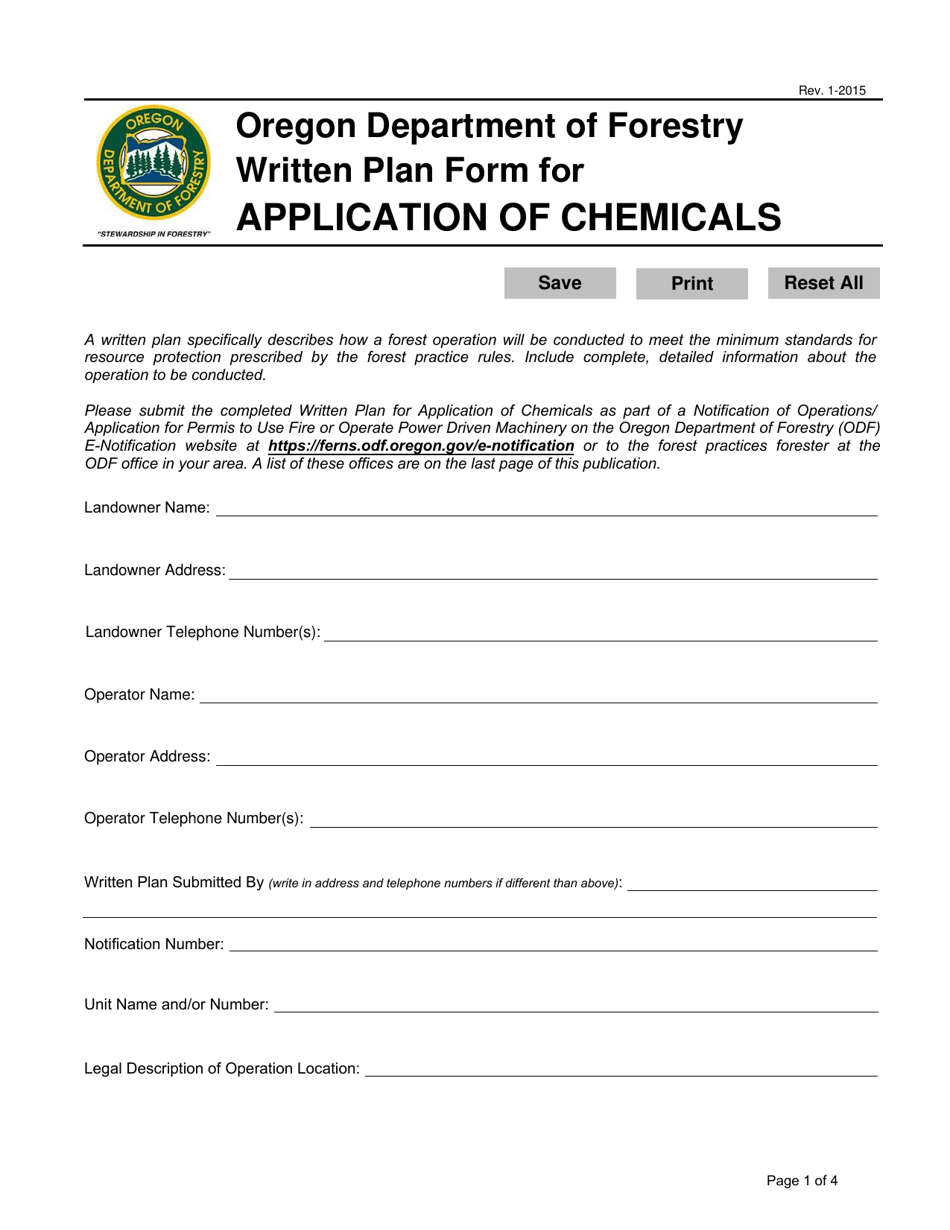 Written Plan Form for Application of Chemicals - Oregon, Page 1