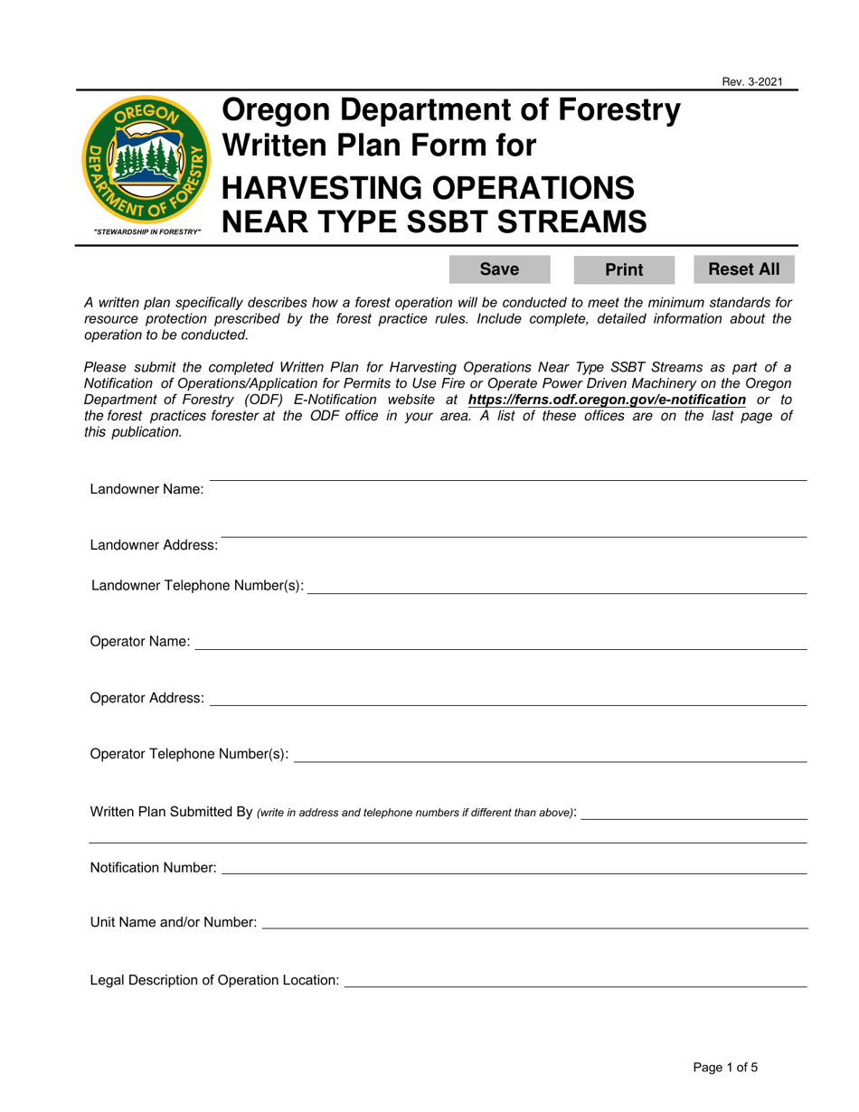 Written Plan Form for Harvesting Operations Near Type Ssbt Streams - Oregon, Page 1