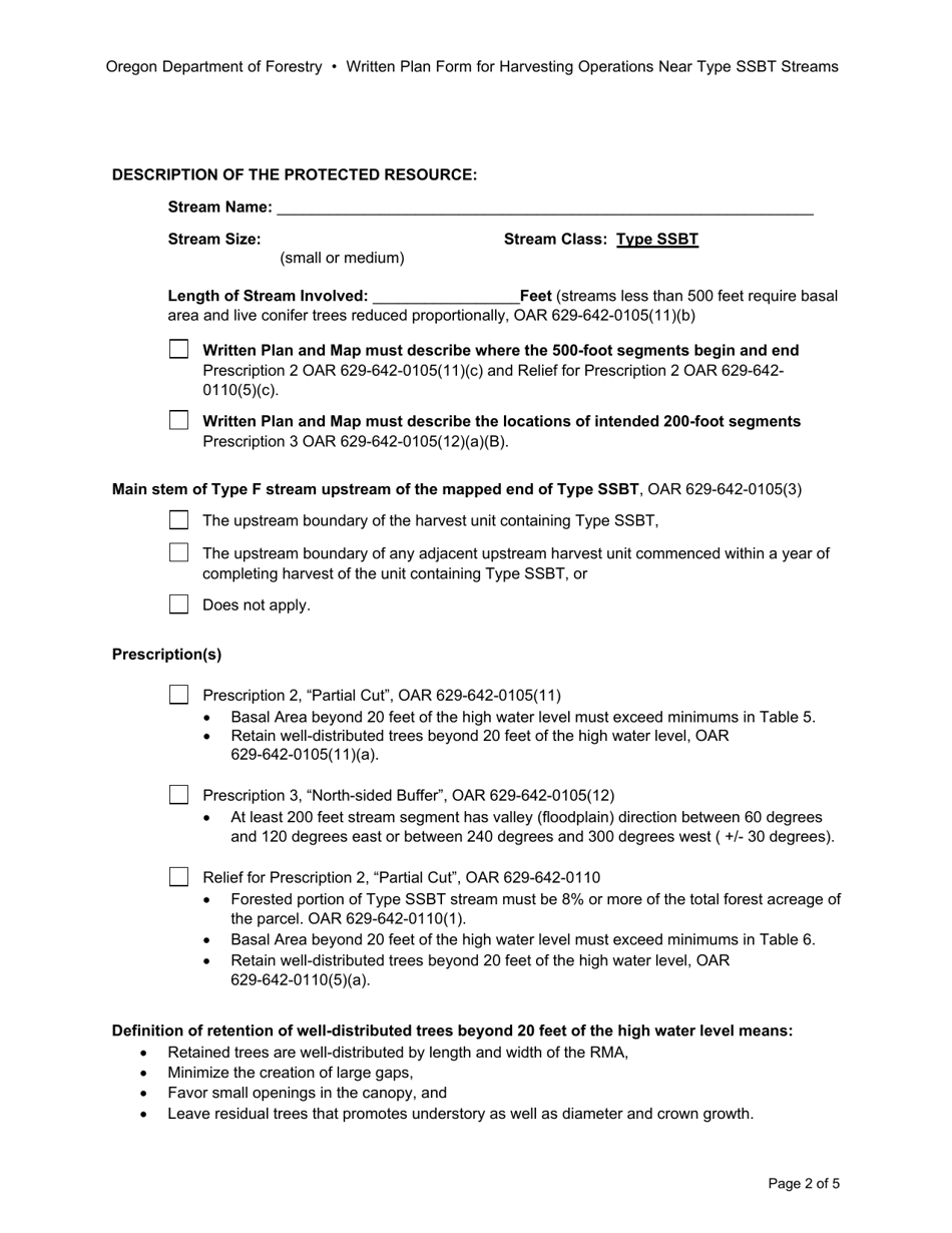Written Plan Form for Harvesting Operations Near Type Ssbt Streams - Oregon, Page 2