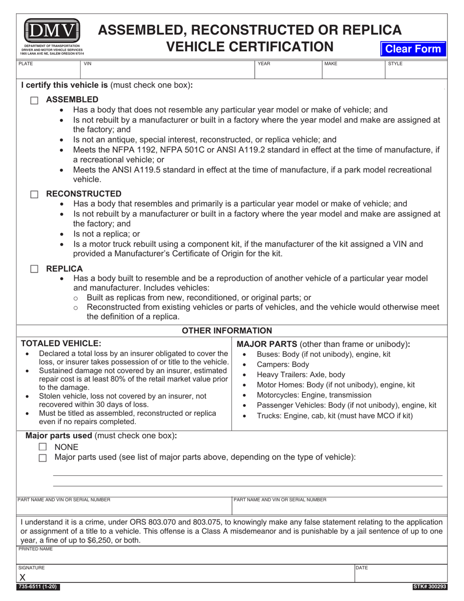 Form 735-6511 Assembled, Reconstructed or Replica Vehicle Certification - Oregon, Page 1